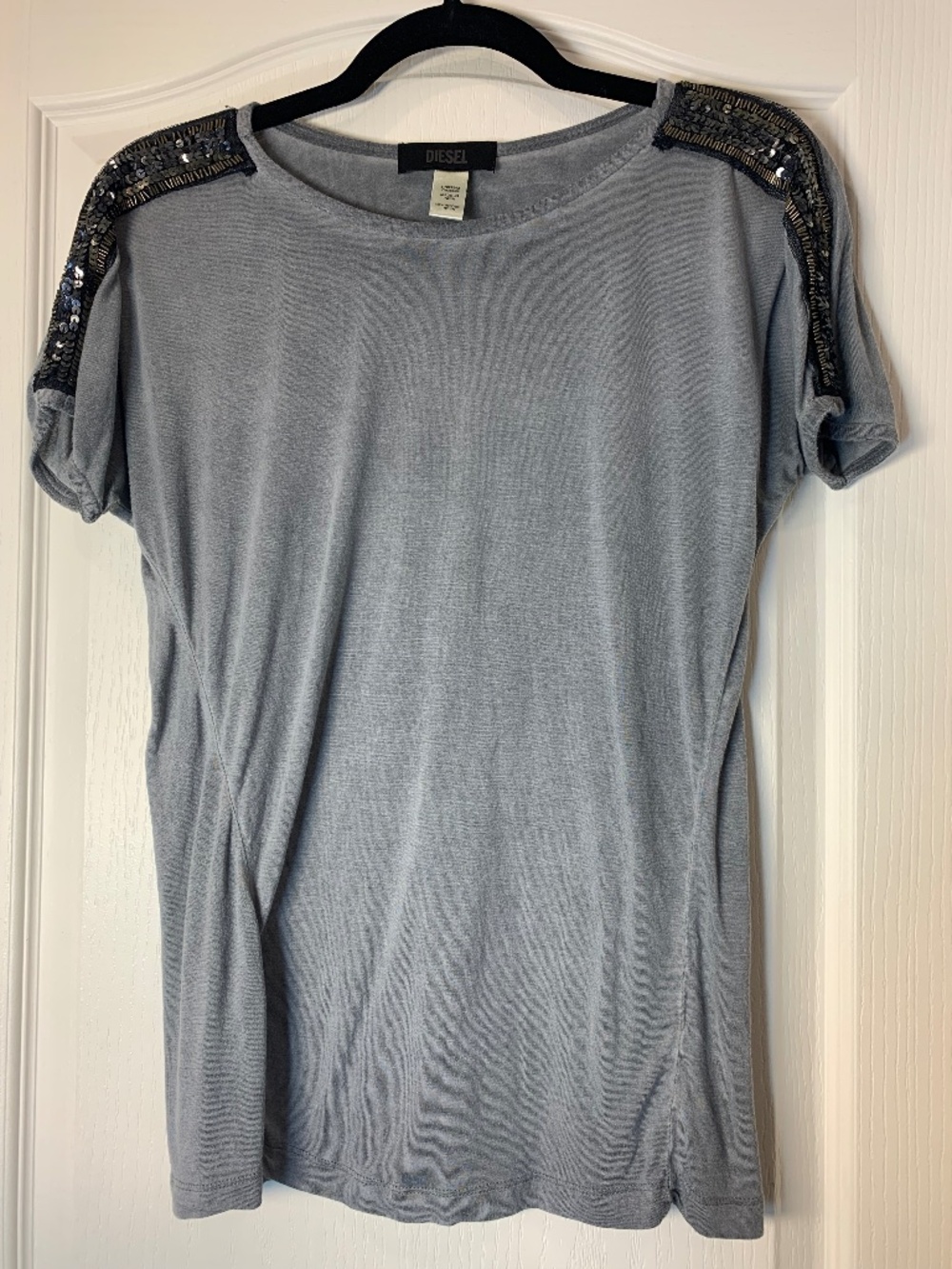 Diesel Y2K Grey Embellished Shoulder Tee Silver Sequin Beaded Top Soft Grunge M